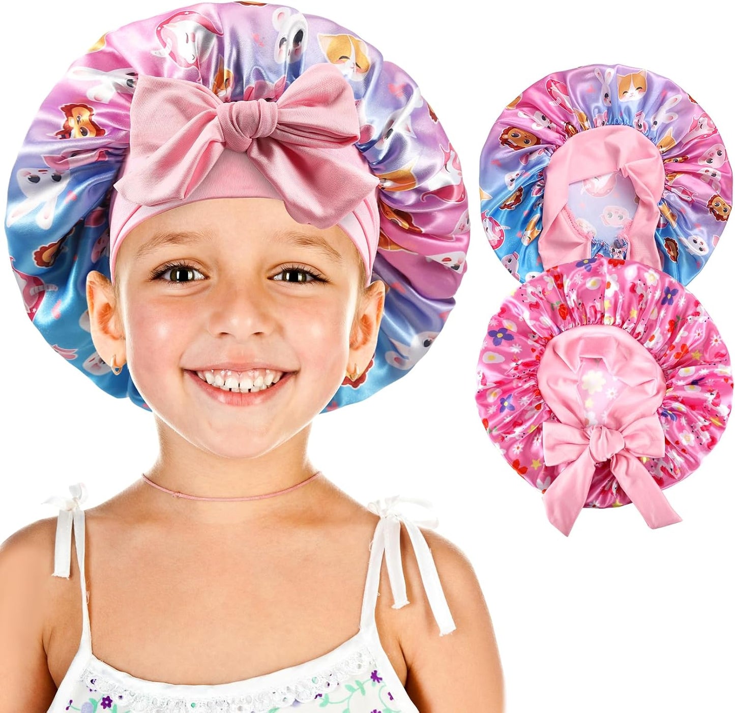 2-Pack Girls Satin Bonnets with Elastic Tie Band - Soft Silk Sleep Bonnets for Toddlers