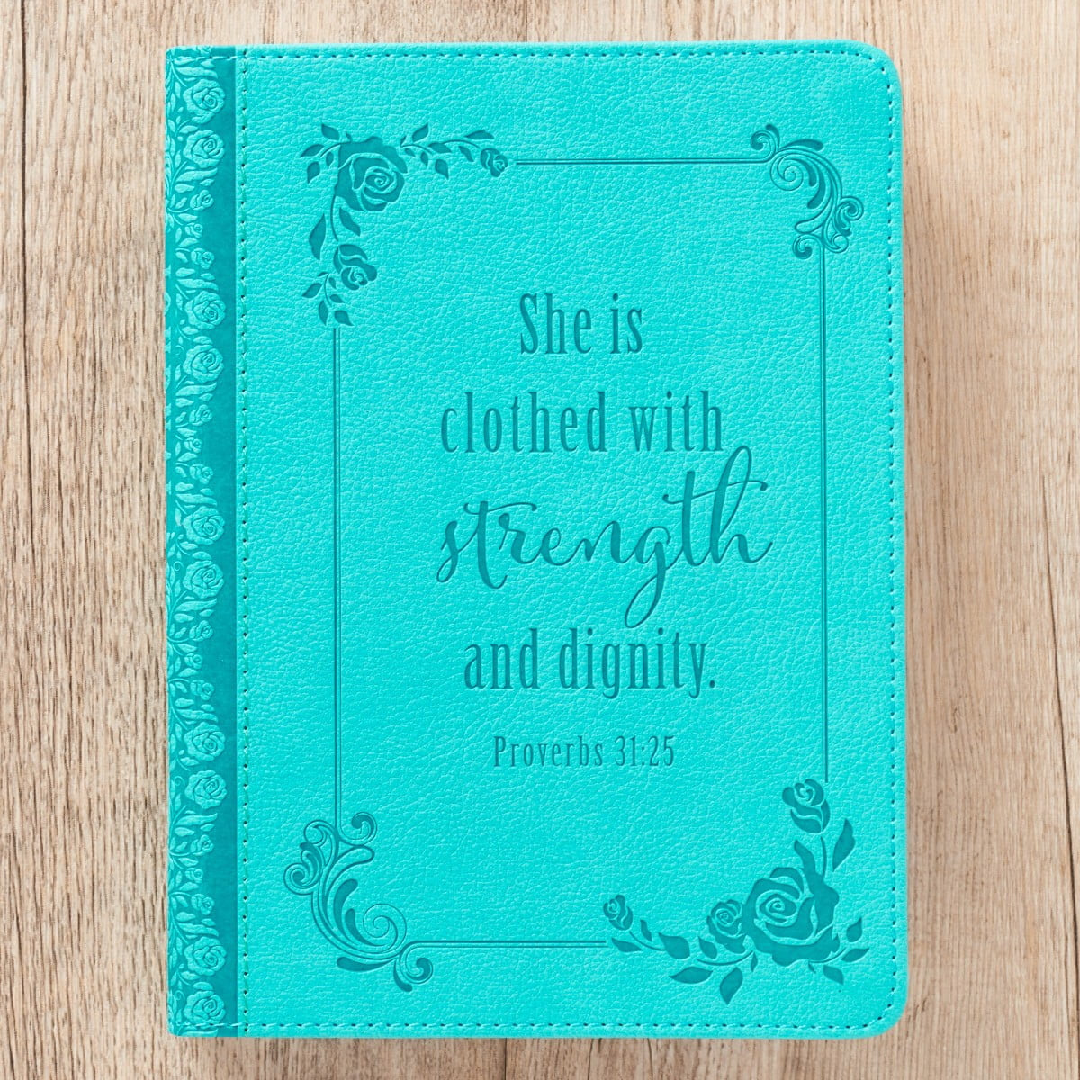 Strength and Dignity Proverbs 31 Woman Journal - Inspirational Faux Leather Notebook with Ribbon, 240 Ruled Pages, Handy Size 5.7" x 7", Teal
