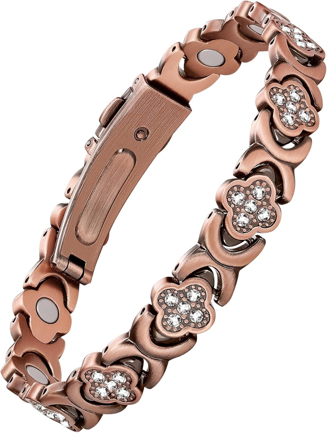 Elegant Pure Copper Magnetic Therapy Bracelet for Women -Courage Cuff- 3800 Gauss Strength with Four-Leaf Clover Charm