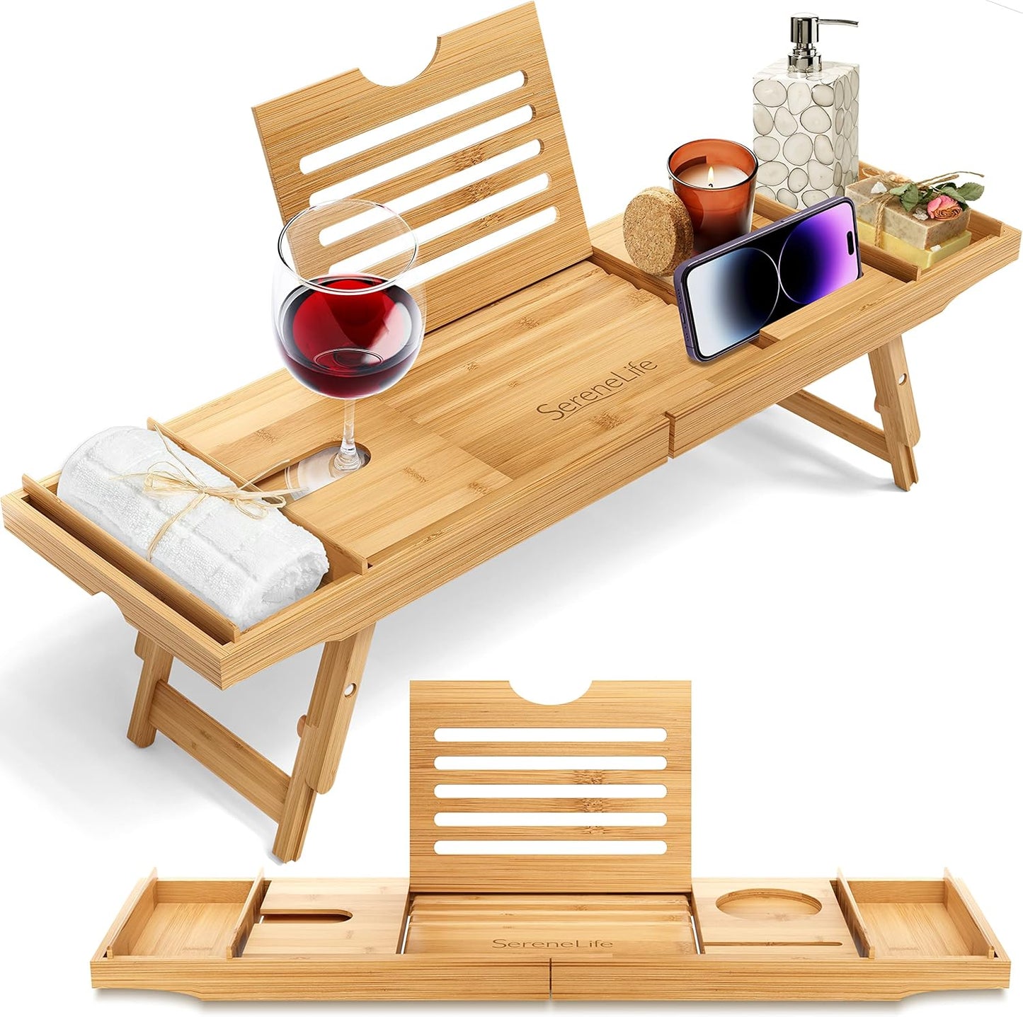 Deluxe Bamboo Bath Caddy & Breakfast Tray - Waterproof, Adjustable Arms, Device Slots & Wine Glass Holder