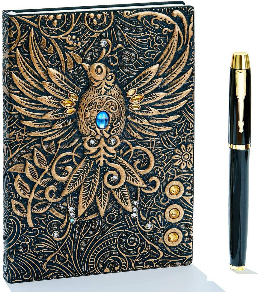 Elegant Vintage 3D Phoenix Leather Journal with Golden Pen Set - A5 Antique Handmade Notebook for Daily Writing, Sketching, and Travel in Red Bronze