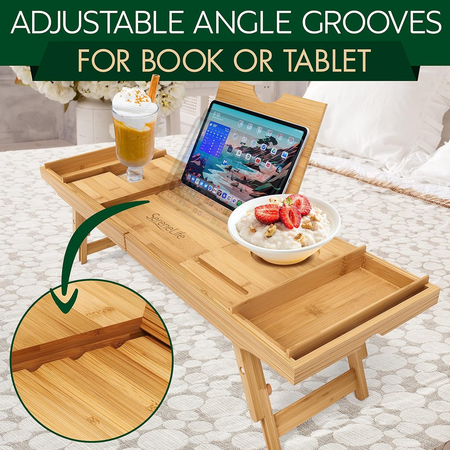 Deluxe Bamboo Bath Caddy & Breakfast Tray - Waterproof, Adjustable Arms, Device Slots & Wine Glass Holder