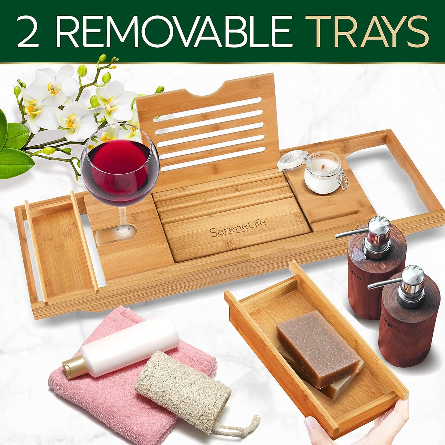 Deluxe Bamboo Bath Caddy & Breakfast Tray - Waterproof, Adjustable Arms, Device Slots & Wine Glass Holder