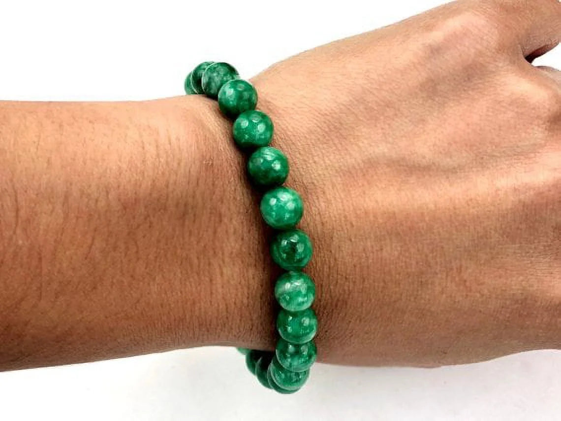 Elegant Round Green Jade Gemstone Stretch Bracelet - 8 Inches