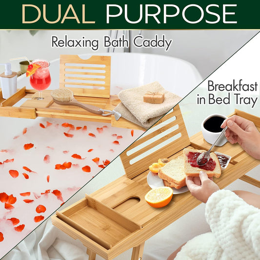 Deluxe Bamboo Bath Caddy & Breakfast Tray - Waterproof, Adjustable Arms, Device Slots & Wine Glass Holder