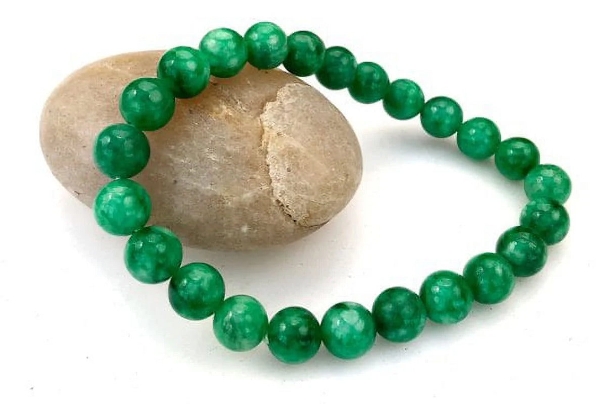 Elegant Round Green Jade Gemstone Stretch Bracelet - 8 Inches