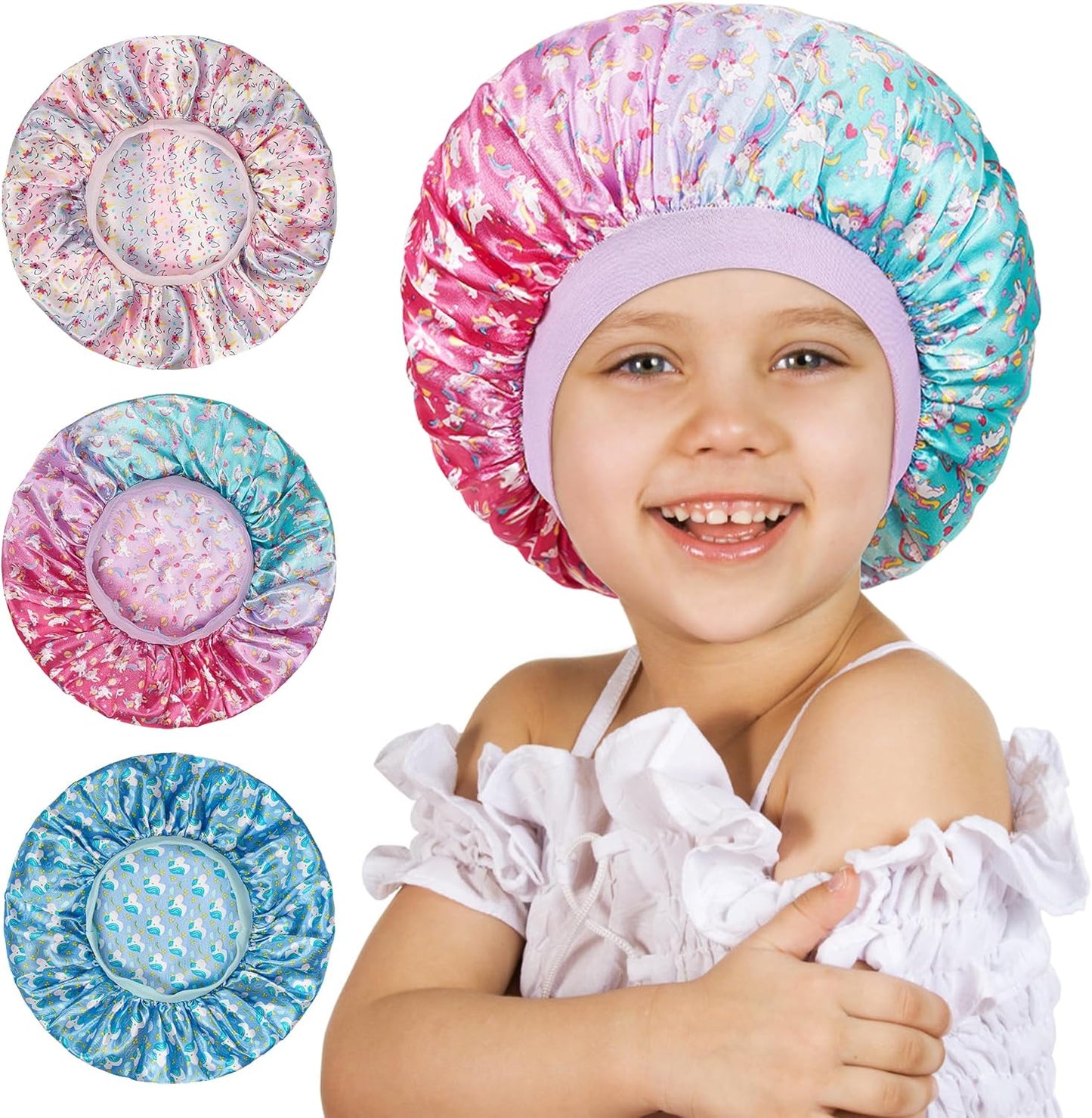 3 Pcs Satin Silk Kids Bonnets - Soft Sleep Caps for Girls with Wide Band for Comfortable Nighttime Wear