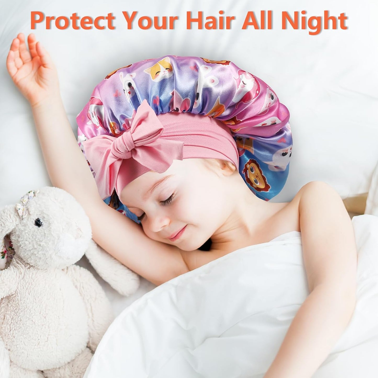 2-Pack Girls Satin Bonnets with Elastic Tie Band - Soft Silk Sleep Bonnets for Toddlers