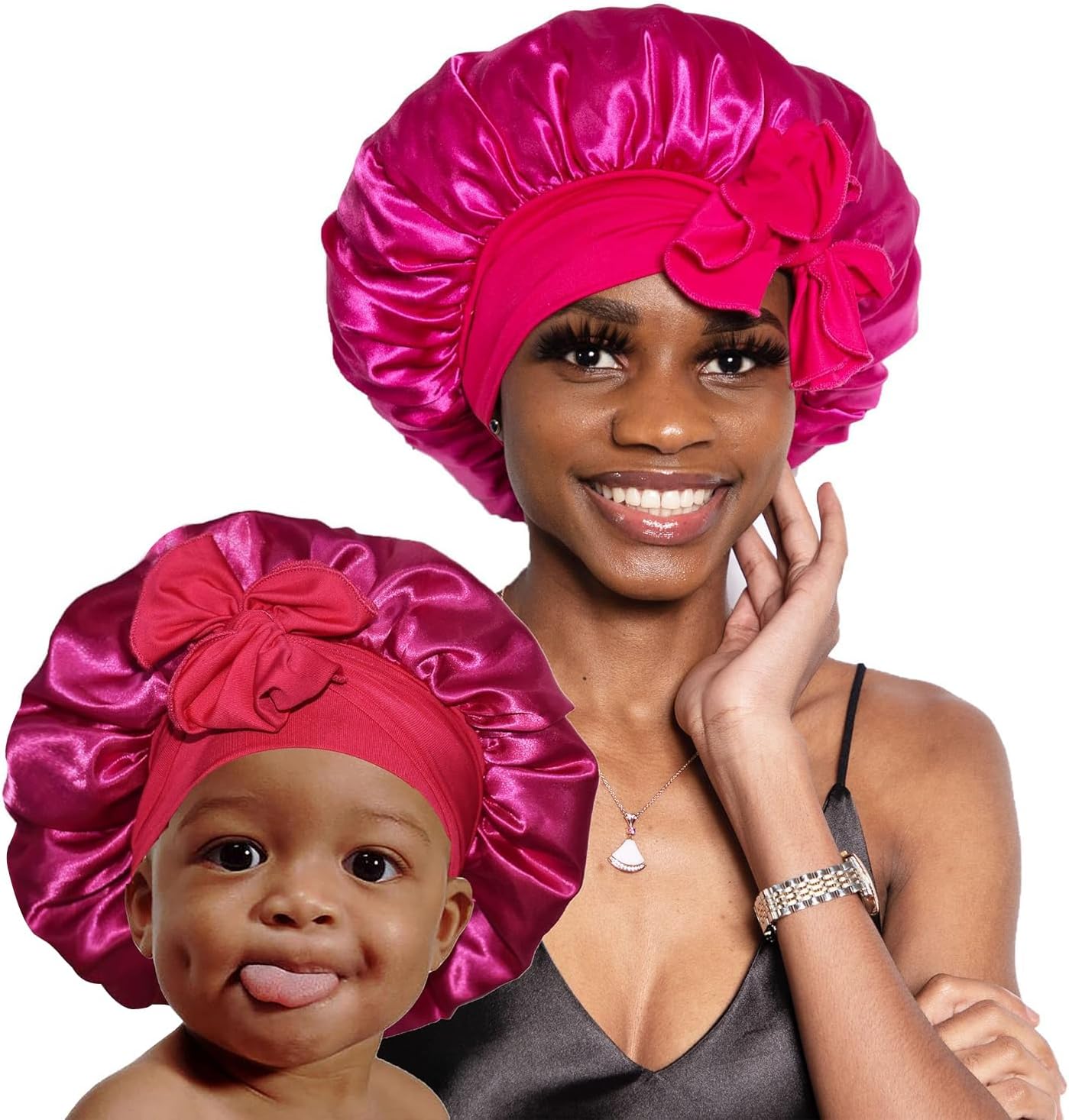 Adorable Mommy and Me Hot Pink Silk Bonnet Set - Perfect for Sweet Dreams! 🌙💖 2 Pcs Satin Hair Wraps with Tie Band! #SilkBonnet #MommyAndMe