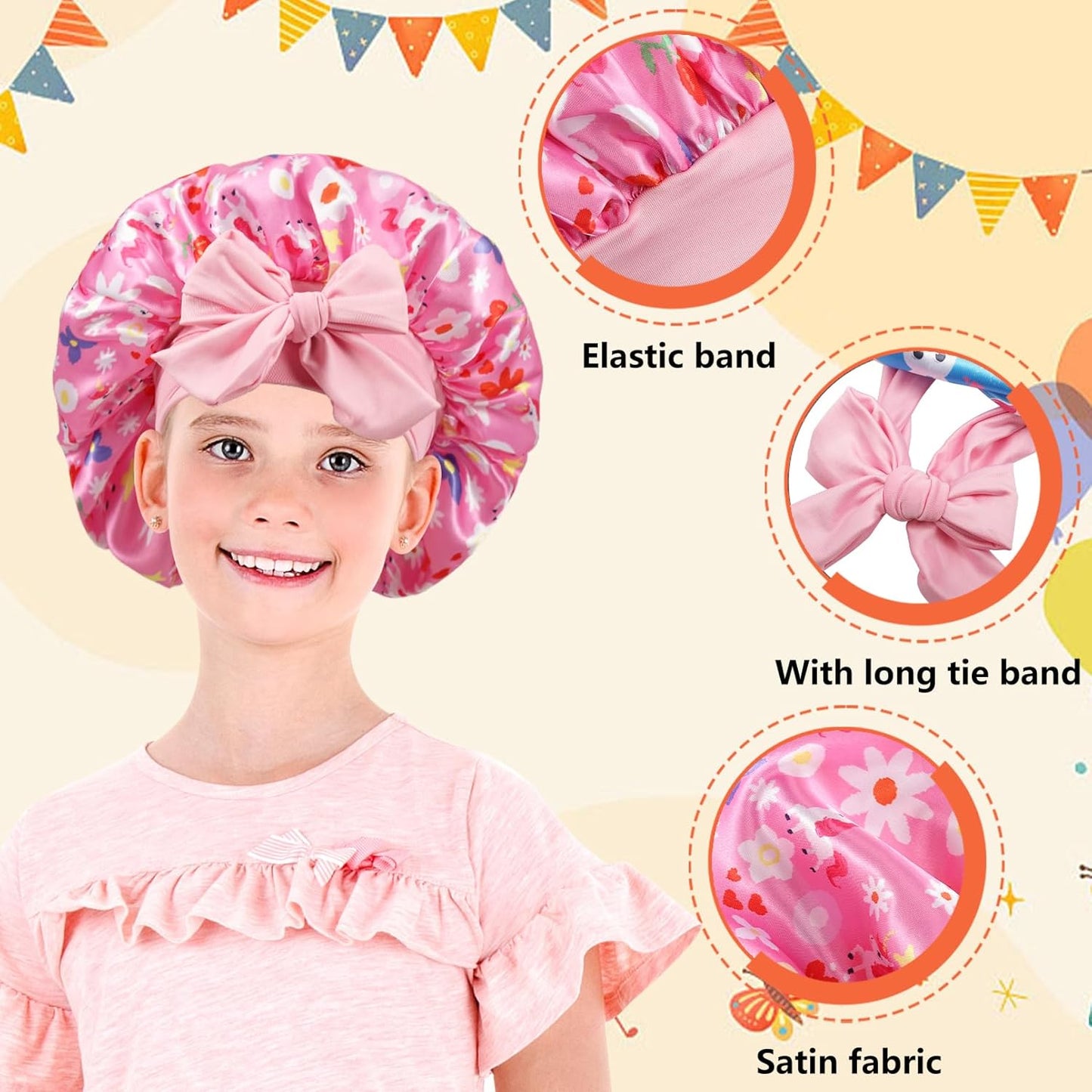 2-Pack Girls Satin Bonnets with Elastic Tie Band - Soft Silk Sleep Bonnets for Toddlers