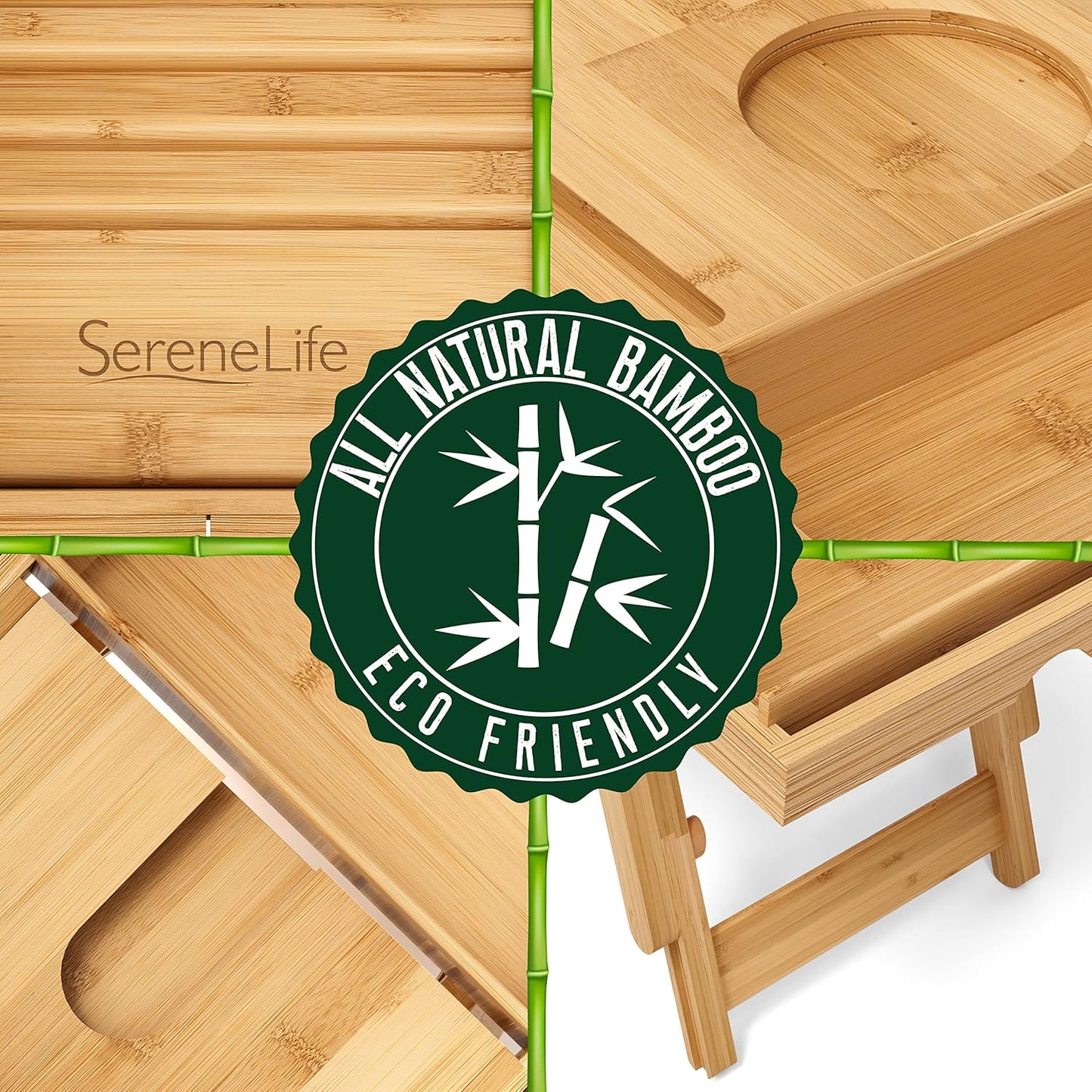 Deluxe Bamboo Bath Caddy & Breakfast Tray - Waterproof, Adjustable Arms, Device Slots & Wine Glass Holder