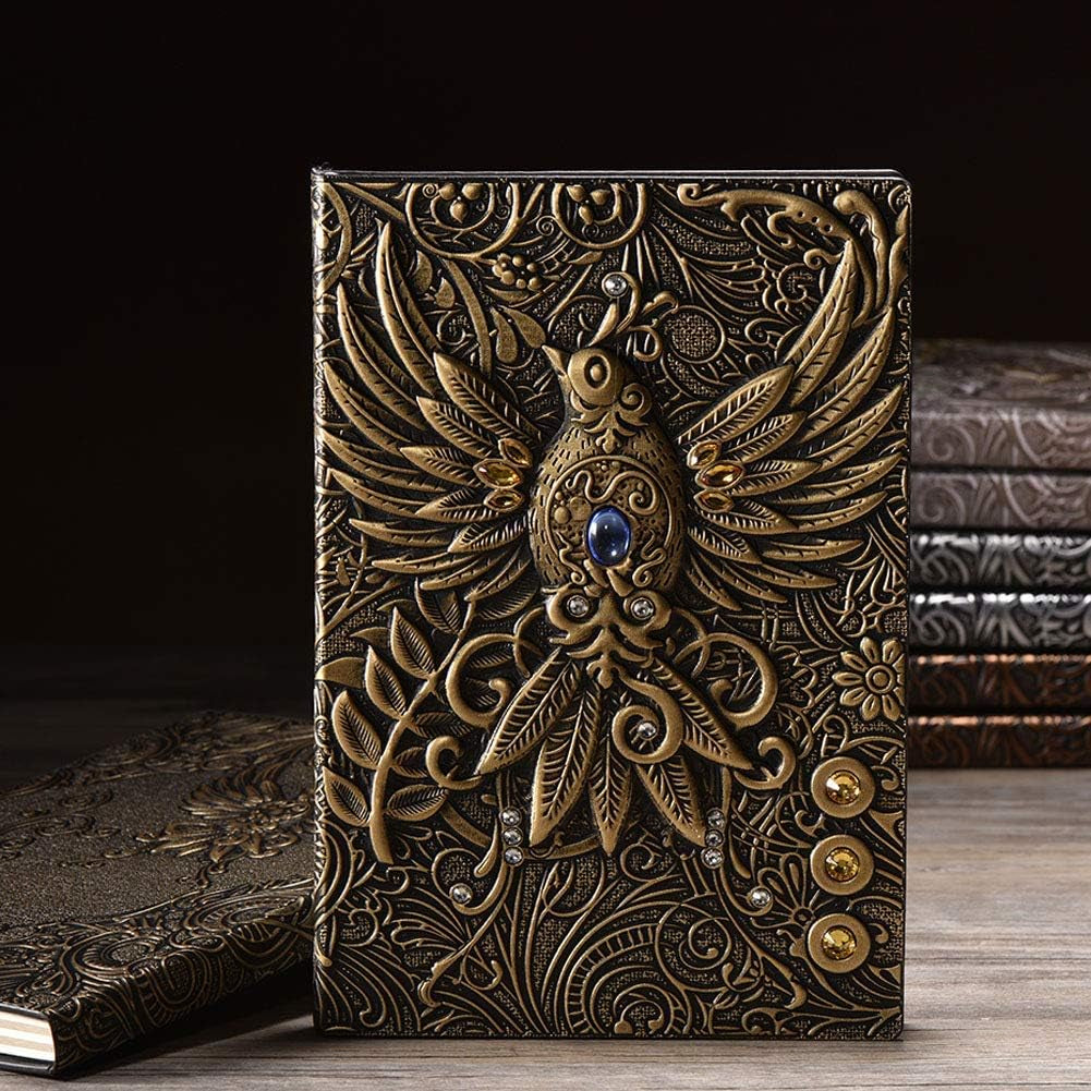 Elegant Vintage 3D Phoenix Leather Journal with Golden Pen Set - A5 Antique Handmade Notebook for Daily Writing, Sketching, and Travel in Red Bronze