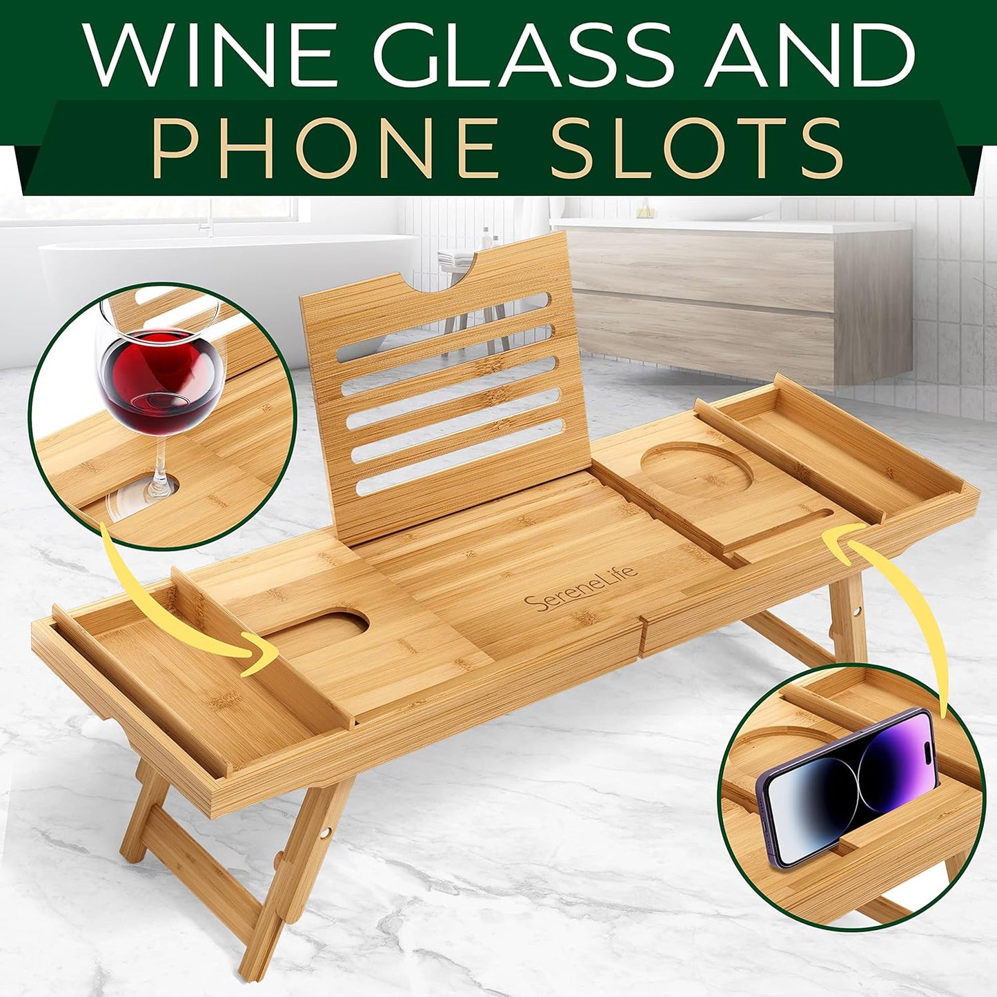 Deluxe Bamboo Bath Caddy & Breakfast Tray - Waterproof, Adjustable Arms, Device Slots & Wine Glass Holder