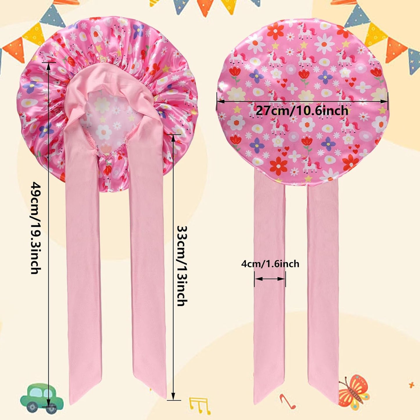2-Pack Girls Satin Bonnets with Elastic Tie Band - Soft Silk Sleep Bonnets for Toddlers