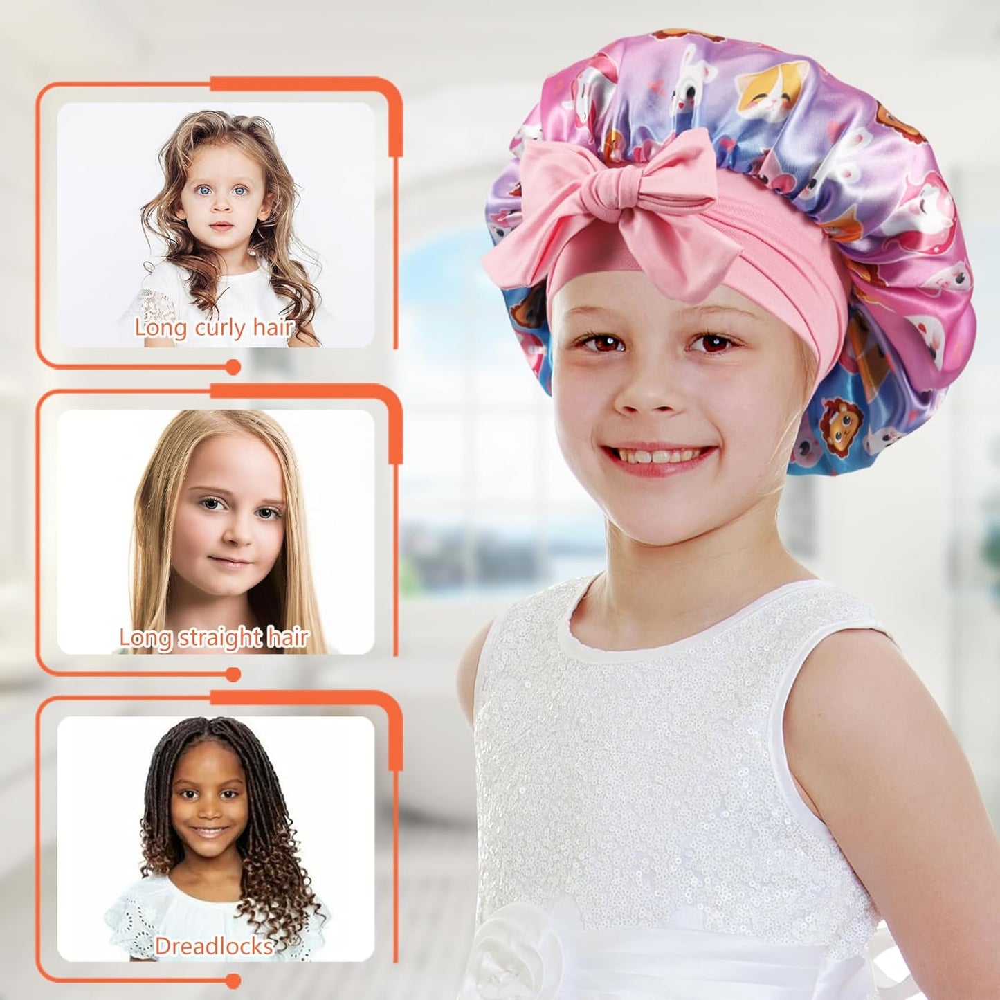 2-Pack Girls Satin Bonnets with Elastic Tie Band - Soft Silk Sleep Bonnets for Toddlers