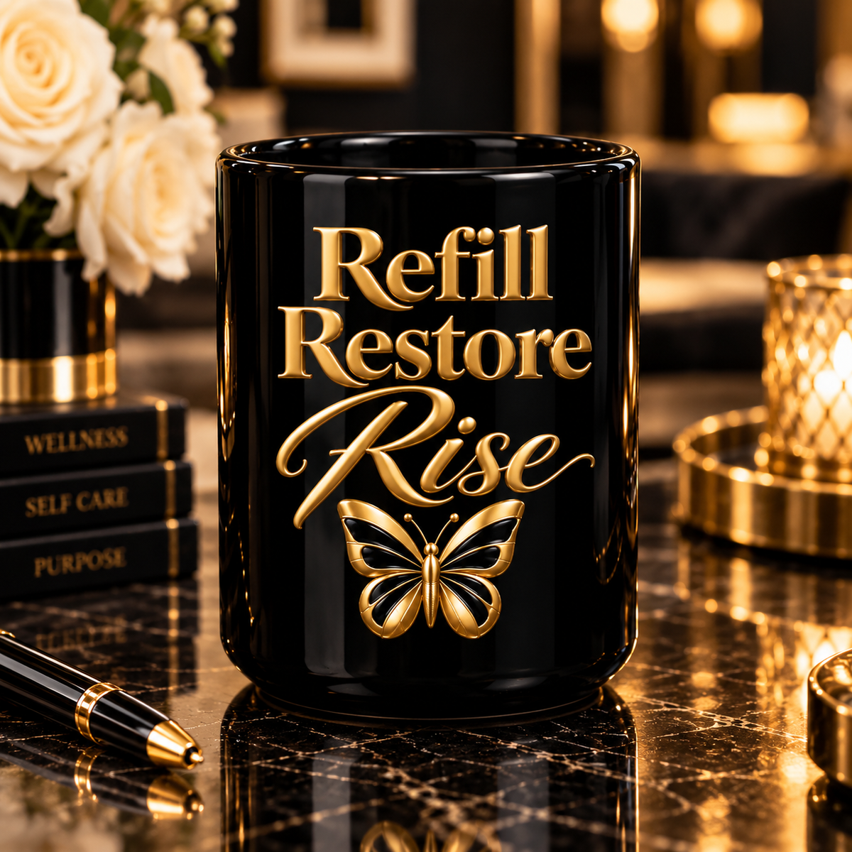 Black and gold Refill Restore Rise butterfly mug