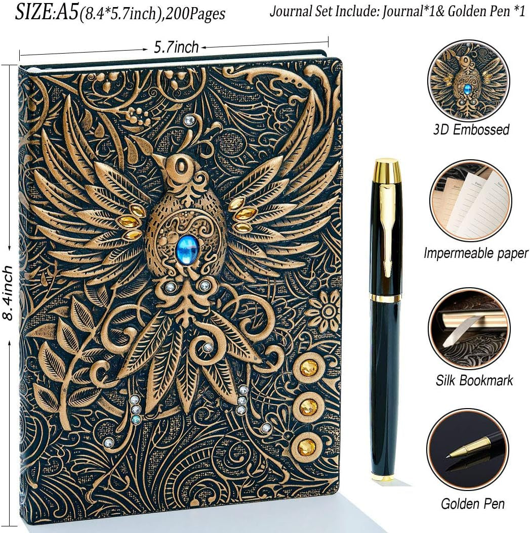 Elegant Vintage 3D Phoenix Leather Journal with Golden Pen Set - A5 Antique Handmade Notebook for Daily Writing, Sketching, and Travel in Red Bronze