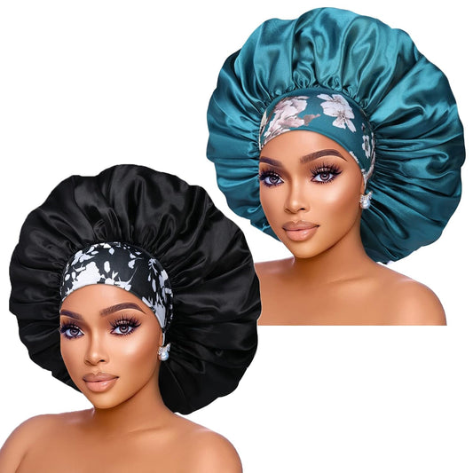 Upgrade your beauty sleep with our 2-Pack Extra Large Silk Satin Bonnets! 🌙💖 Perfect for braids and curls, featuring a comfy flower band. Available in chic black & teal! #HairCare #BeautyEssentials #SatinBonnets