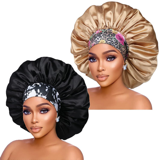 Upgrade your beauty sleep with our 2-pack Extra Large Silk Satin Bonnets! 🌙✨ Perfect for braids and curls, featuring a comfy flower band and stylish black & champagne colors! #HairCare #BeautySleep