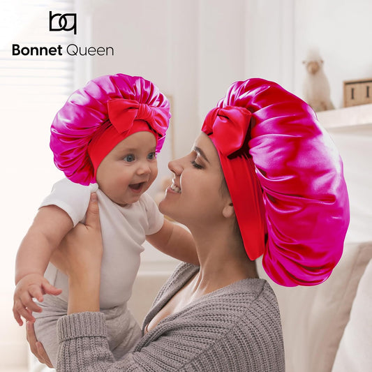 Adorable Mommy and Me Hot Pink Silk Bonnet Set - Perfect for Sweet Dreams! 🌙💖 2 Pcs Satin Hair Wraps with Tie Band! #SilkBonnet #MommyAndMe