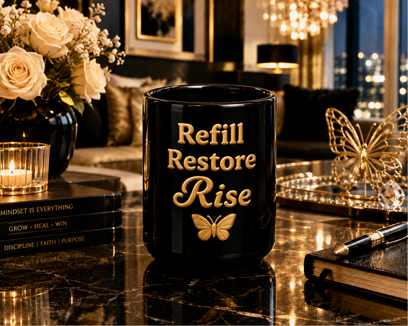 Refill. Restore. Rise. — 15oz Luxury Wellness Mug/ Noir Collection