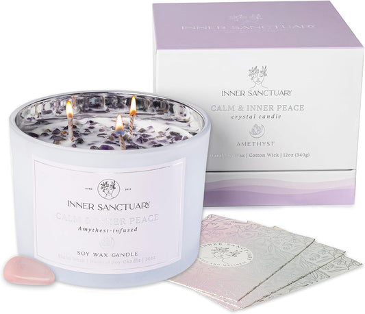 Amethyst Infused Healing Crystal Candle - 12Oz Aromatherapy Soy Wax | Perfect Spiritual Gift for Women & Meditation Enthusiasts